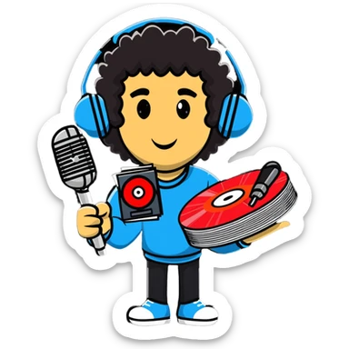 Nardwuar holding vinyl records and his signature microphone sticker