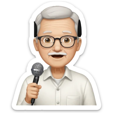 singer, Old man, singing, holding mic, white shirt glasses sticker