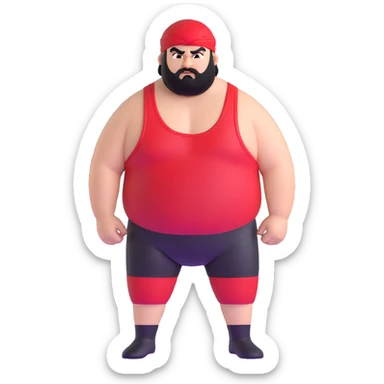 White skin fat guy with prominent black durag, short black beard, black eyes in a red and black wrestling singlet with angry face sticker