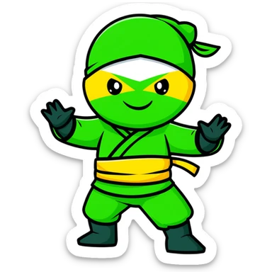 A confident ninja in yellow, green and black merged colors, smiling and saying "HI" sticker