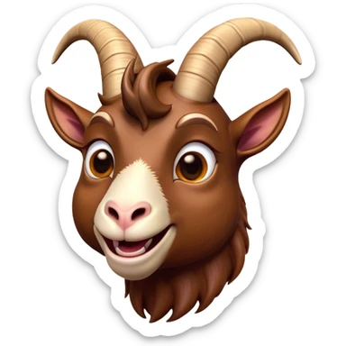 Cinematic Comical Brown Goat Portrait Emoji, Head tilted dramatically with an exaggeratedly amused expression, featuring a sleek brown fur with distinct, quirky curved horns, wide, expressive eyes filled with playful disbelief, Simplified yet hilariously expressive features, highly detailed, glowing with a slightly sassy glow, high shine, dramatic yet playful, stylized with an air of cheeky mischief, bright and endearing, soft glowing outline, capturing the essence of a spirited and over-the-top goat, so meme-worthy it feels like it could side-eye its way into internet fame instantly! sticker