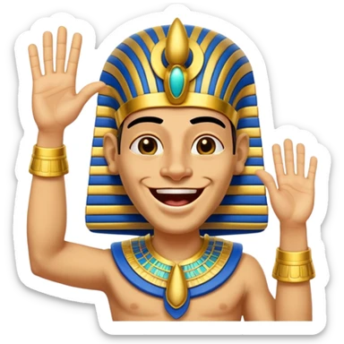 Animated sticker of a funny Ancient Egyptian Pharaoh laughing and energetically waving his hand, welcoming new members, cartoonish style, colorful with shiny gold details, expressive face, small and clear for Discord use, playful and lively motion.
 sticker