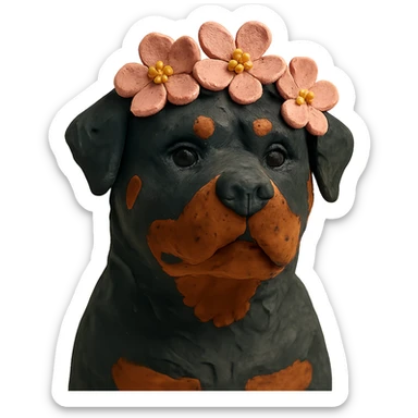rottweiler with a cherry blossom flower crown in claymation style sticker