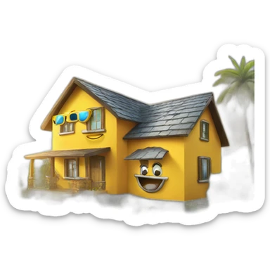 happy face with sun glasses, and a house reflecting on the surface of the glasses sticker