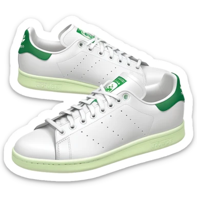 White Adidas Stan Smith shoe with green accents, iconic tennis sneaker, clean design, white with green heel tab, front angle view sticker
