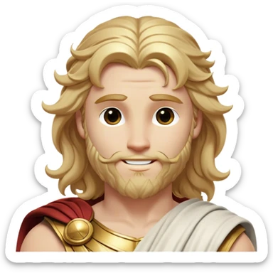 Cinematic Realistic Thor Portrait, head tilted playfully and inquisitively, showcasing his classical Greek god allure with a relaxed, yet commanding presence. His fair, radiant skin and flowing, wavy golden hair are highlighted by a gentle smile and twinkling, approachable eyes. Clad in a gracefully draped white toga with subtle golden embellishments, he exudes a lighthearted yet powerful charm under soft, natural lighting. sticker