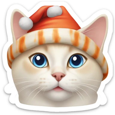 chubby flame point Siamese, white fur with orange accents and blue eyes wearing a red christmas hat  sticker