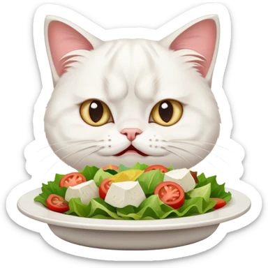 grumpy white cat sitting at a table, looking confused with its ears slightly back. In front of the cat is a plate with a salad with mouth a little open, and Disagree in the cat's face sticker