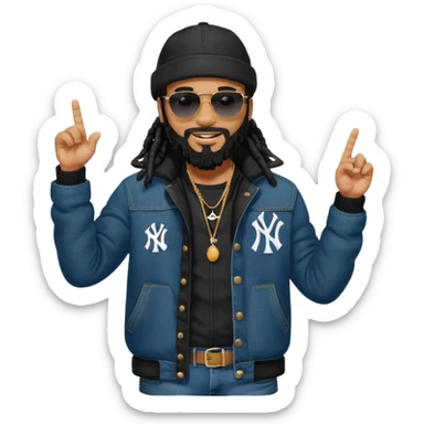 African American man with shoulder length black dreadlocks and black beard with black sunglasses wearing a black bubble winter coat with denim skinny jeans and timberland boots and a black New York Yankees baseball hat pointing finger sticker