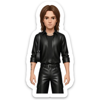 Tom Kaulitz with brown eyes, long brown hair, black metallic shirt, black metallic baggy pants, silver necklace sticker