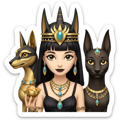 Smiling Witchy-mannered smoky-evil-eyed real Audrey Hepburn cleopatra Anubis Protecting silky black-haired tiny chained-adorned statuette-scale dessert scenery stone-age cracked sticker