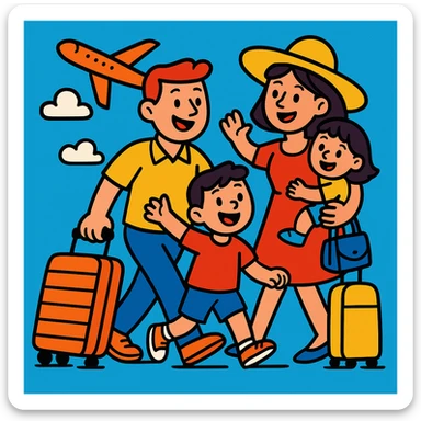 una familia viajando, estilo dibujo animado, cartoon style, cheerful and lively sticker