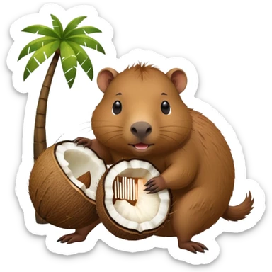 A capybara with a coconut body and the head comes out of the small opening in the coconut with arms and legs with four legs on the floor sticker