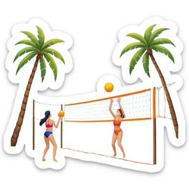 A volleyball resting on the orange sand of a beach, with a volleyball net in the background. The scene includes a beautiful beach landscape with blue sea, sky, and palm trees, while a couple of women in swimsuits play in the distance, capturing the relaxed yet competitive vibe of beach volleyball. sticker