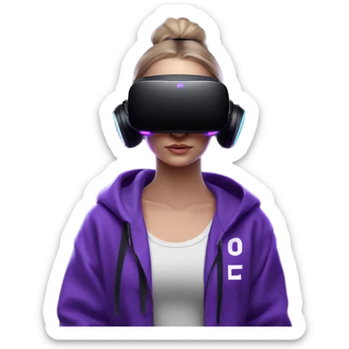 Russian girl wearing black hoody with violet letters "OMG", in vr headset oculus quest2. Standing like jedi. Cyberpunk style. Violet neon. sticker