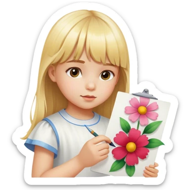  little girl with blonde bangs paints a flower on sheet of paper sticker