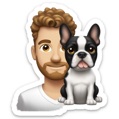 black-white frenchie dog next to his owner who is a white guy with brown curly hair  sticker