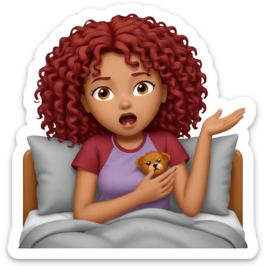 generate a pretty bratz brown skinned girl curly dark red hair, yawning in bed in a grey tshirt bored. sticker