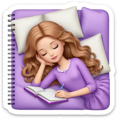 White Barbie girl Chestnut long wavy hair sleeping with In lavender clothes, he writes in a notebook sticker