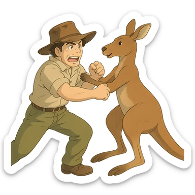ghibli style illustration of a man with an Australian hat in a playful fight with a kangaroo sticker