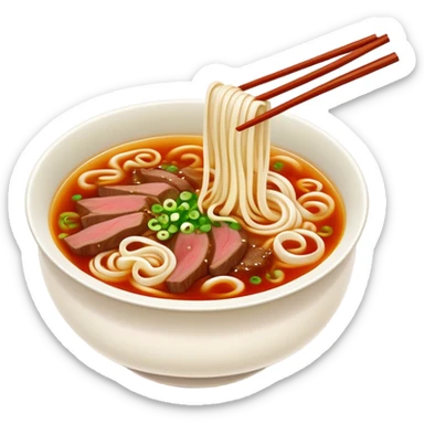Lanzhou beef noodle soup with hand-pulled noodles, simplified emoji style with bold outlines and bright colors, cartoon style Gansu specialty La Mian sticker