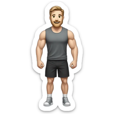 Full height realistic Actively gesturing with hands Pale skinned Fit Man With the biceps and brown hair in dark gray Sleeveless Mike, black oversize sports shorts, watch and white Sneakers sticker