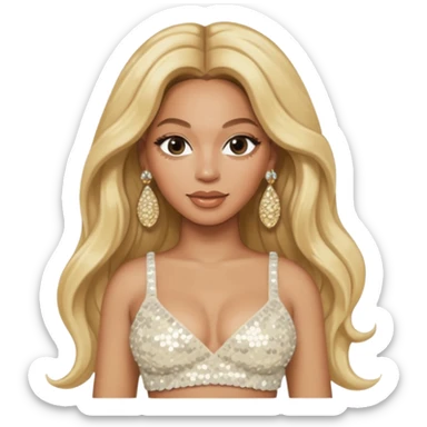 Beyonce with long blonde hair, ivory sequin crop top, ivory earring sticker