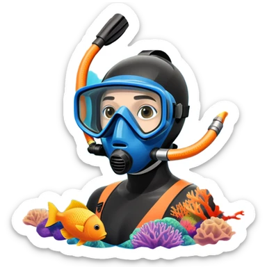 An icon featuring a close-up of a freediving mask and snorkel, with a breath-holding diver's fins, set against a vibrant underwater world. The design includes coral reefs, fish, and bubbles, symbolizing the serene beauty and thrill of freediving. Transparent background highlights the calm sticker