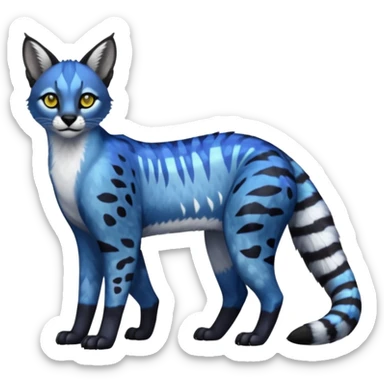 Colorful dark tropical cobalt-blue, black, white fur, with g yellow eyes, iridescent glorious divine exotic cute cool beautiful shiny beautiful fantasy-caracal-civet-genet-sergal-vernid-Cacomistle-oncilla-animal-Fakémon-hybrid-fursona with pattern markings (full body) sticker