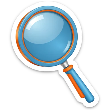 A stylized blue magnifying glass tilted right, flat design, minimalist, vibrant orange handle, white circular background, high resolution, 2048x2048 pixels, vector art, clean lines sticker