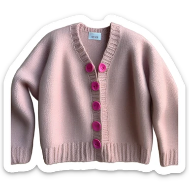 Sage oversize wool open short cardigan with pink buttons, isolated sticker