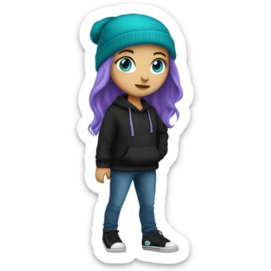 White girl, blue eyes, long teal hair, purple beanie hat, black hoodie, blue jeans, black shoes sticker