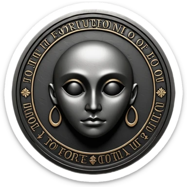 Emoji style, luxury gothic coin made of blackened metal, “FORTUNA” engraved in refined fashion typography, heavy sculptural form, subtle worn metal texture, avant-garde editorial aesthetic, no glow, no neon, flat emoji design, centered, transparent background sticker