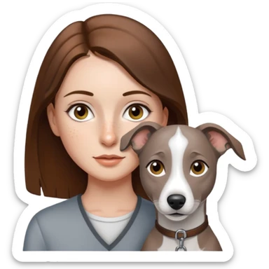 Pretty girl with freckles, straight brunette hair, hazel eyes and a grey and white whippet besid her sticker