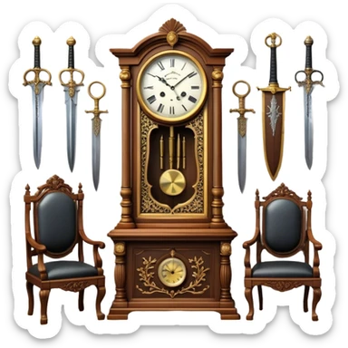 Icon for Antiques Collecting: a vintage clock, intricately carved furniture, famous paintings, antique swords, and rifles. The items are displayed on a wooden table or shelf. The icon should evoke the rich history and craftsmanship of antique collecting. Transparent background. sticker