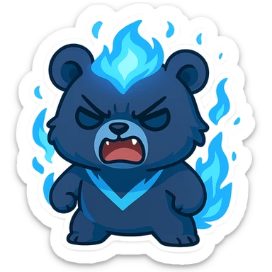 Transform the character into a super cute chibi version with a furious expression. Keep the blue flame details and overall color scheme. Make it look adorable but clearly angry in chibi stickers style. sticker