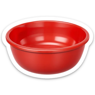 A bright red plastic household bowl. Smooth glossy surface, soft studio lighting, subtle shadow underneath. Product-style photography, crisp focus, minimalistic composition. sticker