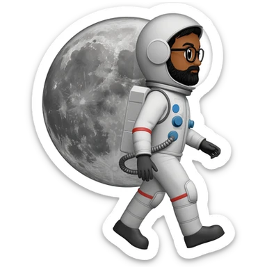 astronaut moon on back with helmet walking space brown skin, black eyes, glasses and beard  black hair show body sticker