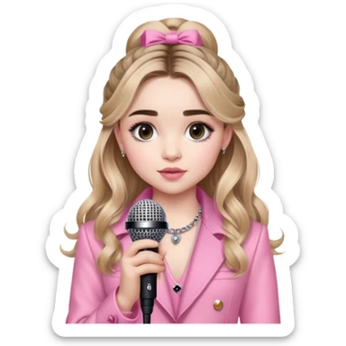 Sabrina Carpenter in a fancy pink outfit with a microphone sticker