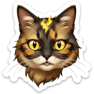 long hair tortoiseshell cat with a black face, white neck and yellow lightning mark above left eye sticker