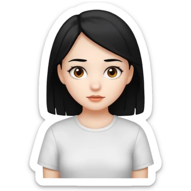 a girl with white skin, black hair, brown eyes, and a white shirt sticker