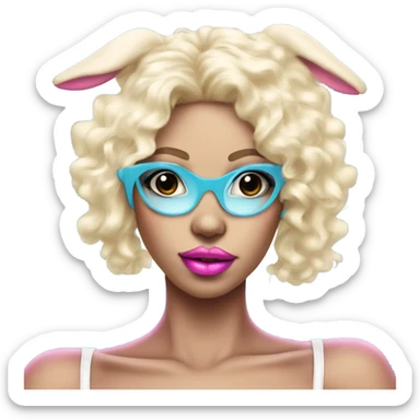  Blonde Gogo dancer ,light blue skinned face, Enid Sinclair wearing ,big floppy bunny ears pink lips  sticker