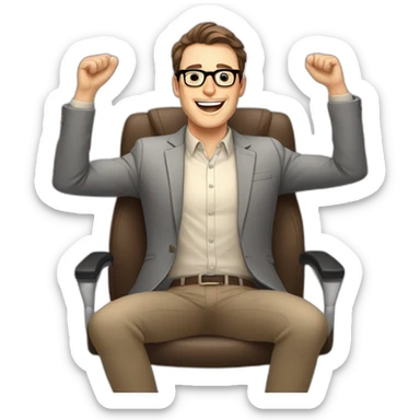 Joyful Celebrating victory Hands up Pale skinned Fit Man With dark brown hair in gray jacket, beige office shirt, Brown pants and vintage glasses sitting In a soft chair sticker
