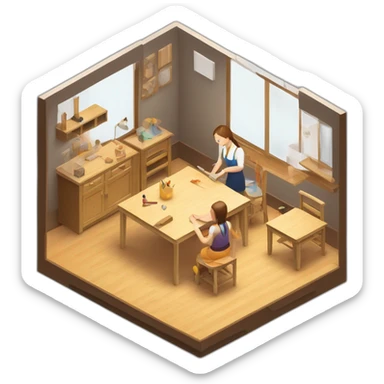 isometric square transparent solid outline border containing indoor woodworking teacher with student teaching in creative workshop on long table sticker