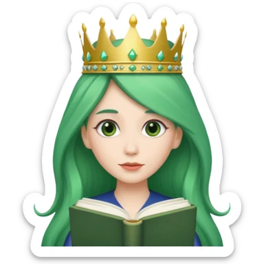 Long Hair Women with green Book, White straight hair, crown

 sticker
