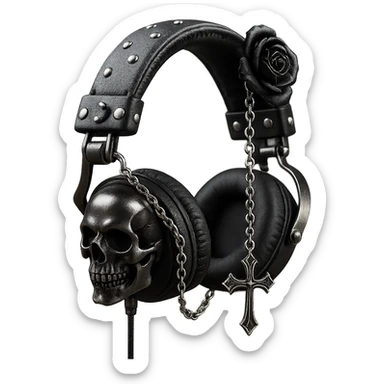 Add a silver chain, a gothic cross, and a black rose brooch to the realistic black gothic headphones with sculpted skulls, leather texture, and silver studs. Keep the background transparent. Maintain the realistic black gothic style with leather and silver details. sticker