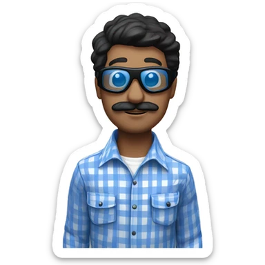 White man with straight black hair and thick black mustache, wearing a buttoned up blue and white gingham shirt and black skydiving goggles sticker