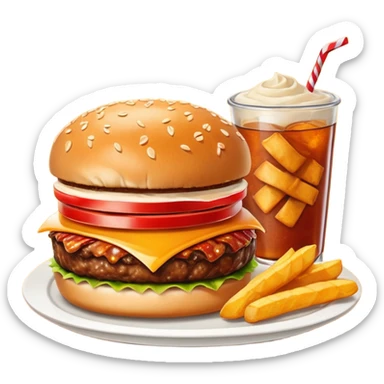 BBQ BACON BURGER, LARGE ORDER OF FRIES, ORANGE SODA WITH NO ICE, AND PIECE OF HOT APPLE PIE. sticker