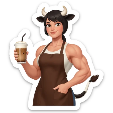 big buff woman with extra large fat tits with cow ears and cow tail dressed like barista in brown apron with latte in his hand sticker
