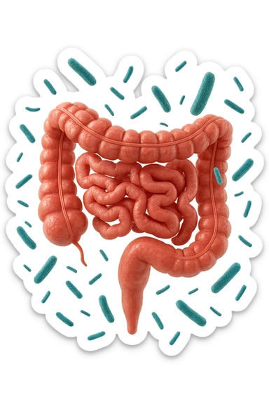 intestino umano anatomico con qualche batterio intestinale che gli fluttua intorno, ISOLATO SU SFONDO BIANCO sticker
